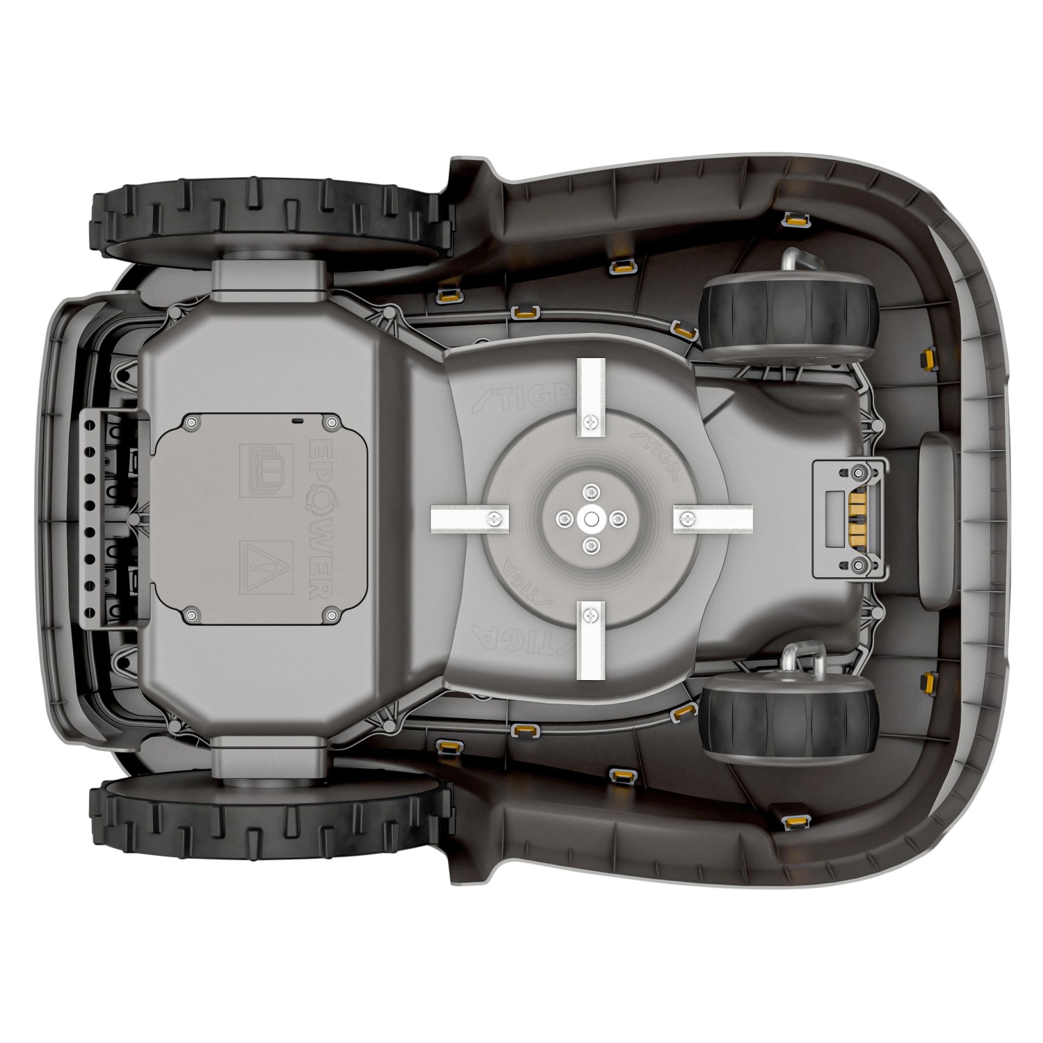 Stiga Mähroboter G 600, Ansicht von unten: Messer, Räder und Sensoren des Rasenmähers.