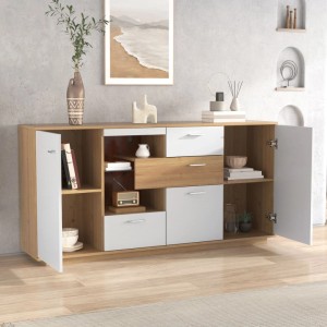 Modernes Sideboard in Holz-Weiß mit LED-Beleuchtung, Schubladen, Türen und Glasablage für viel Stauraum.