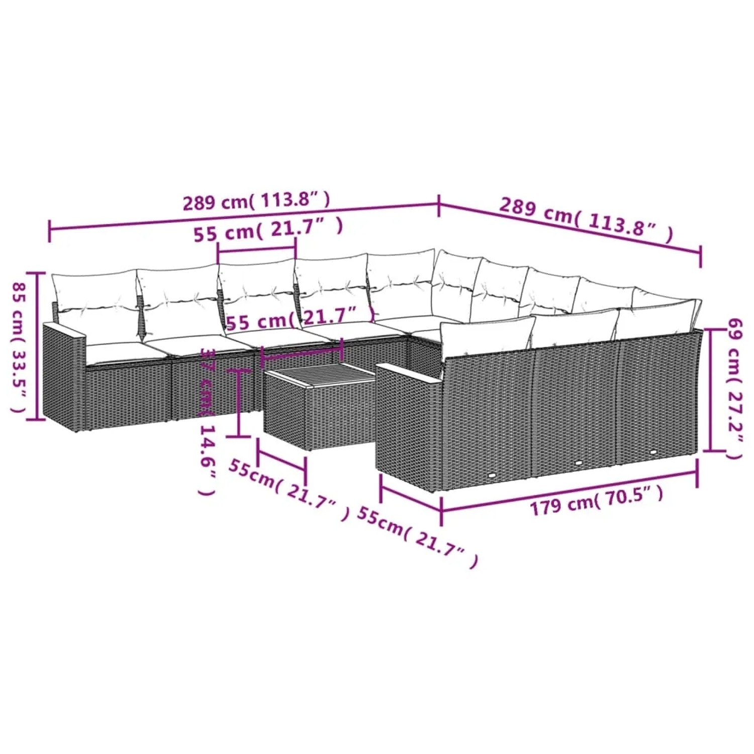 Beige 12-tlg. Garten-Sofagarnitur aus Polyrattan mit Kissen. Gartenmöbel-Set mit Tisch und modularen Sofas.