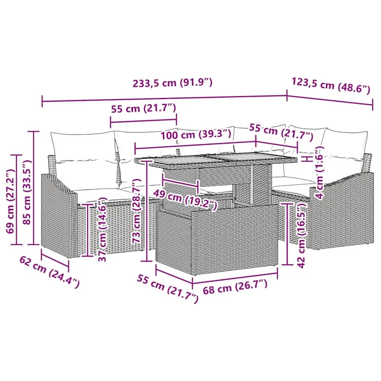 vidaXL Gartenmöbel-Set, 6-teilig, schwarz, Poly Rattan, mit Maßen. Ideal für Terrasse und Garten.