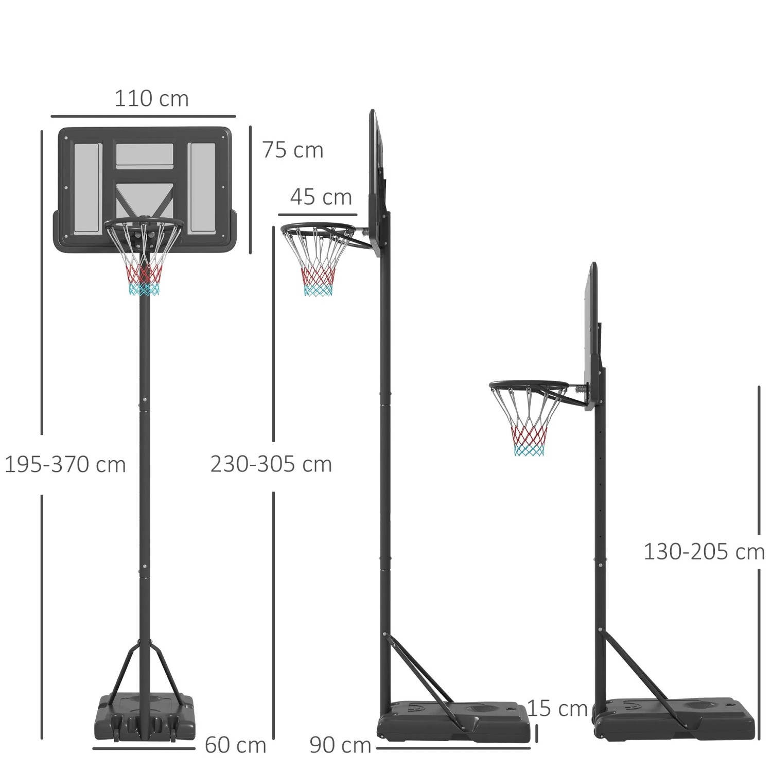 Schwarzer, höhenverstellbarer SPORTNOW Basketballständer aus Stahl/Kunststoff. Zeigt verschiedene Höhenoptionen für Outdoor-Spiel.
