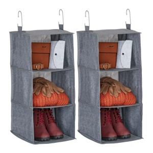 Relaxdays Kleiderschrank Hängeregal 2er Set Polyester Grau 3 Fächer Faltbar 73 cm x 30 cm x 30 cm 530 g