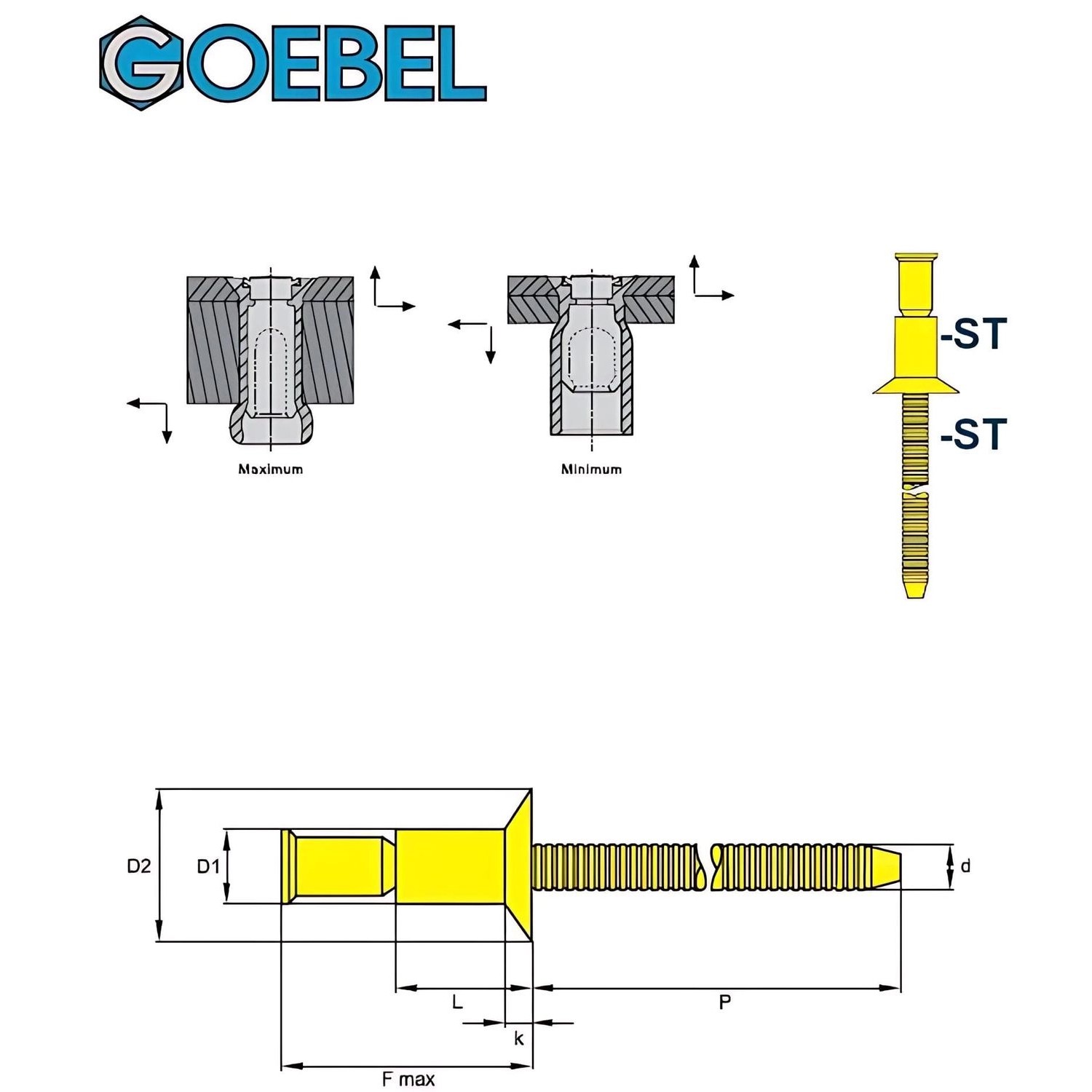 GOEBEL Hochfeste Blindniete Stahl, 6,4x16 mm, Senkkopf. Niete mit gerilltem Nietdorn, gelb verzinkt.