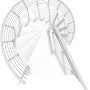 Weiße Minka Spindeltreppe Milano, spiralförmig von oben, mit Metallstufen und Geländer.