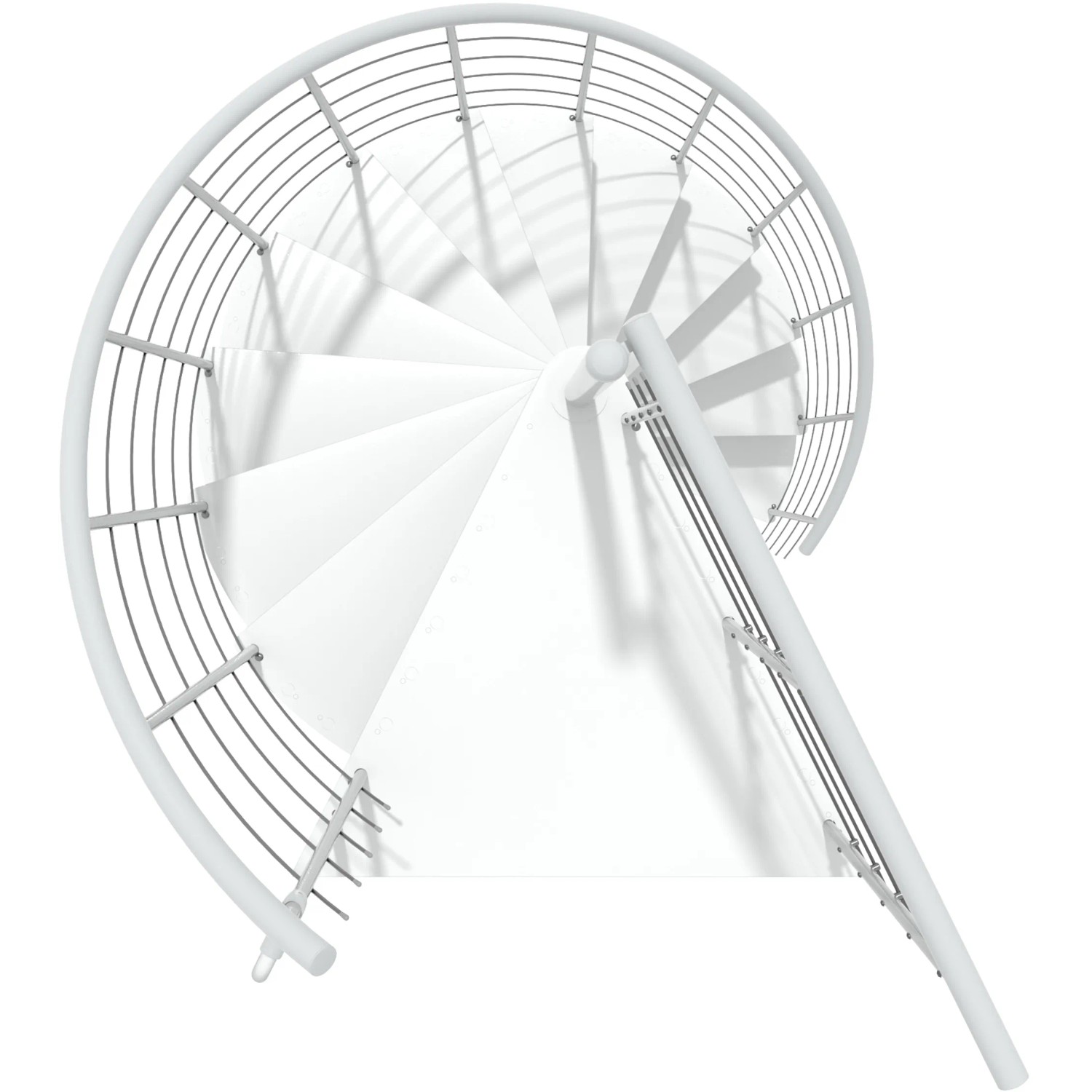 Weiße Minka Spindeltreppe Milano, spiralförmig von oben, mit Metallstufen und Geländer.