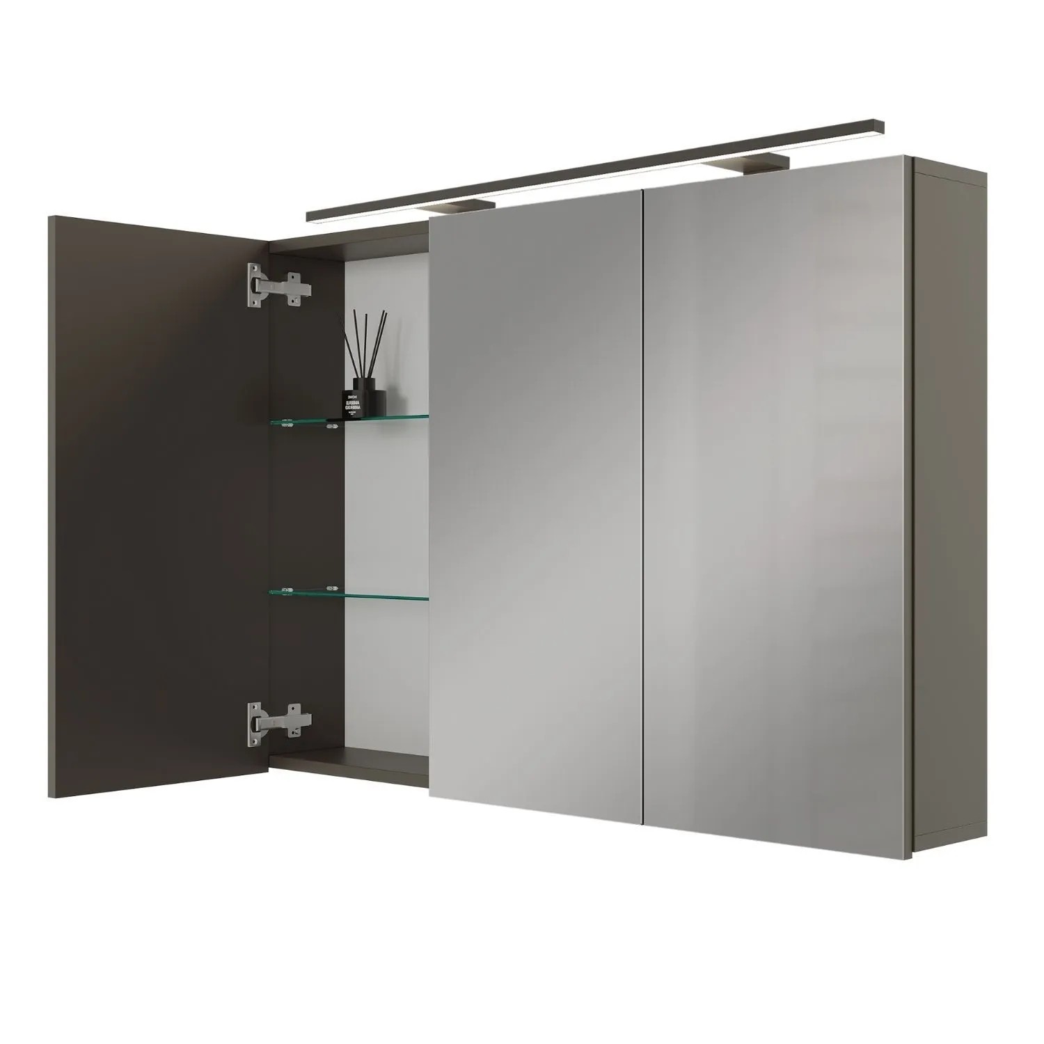 Planetmöbel ARIA Spiegelschrank 100 cm Anthrazit mit LED Leuchte Schwarz Steckdosenbox 230 V