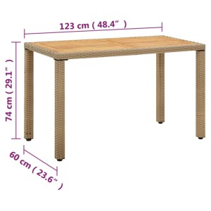Beiger Gartentisch (123x60x74 cm) aus Poly Rattan und Akazienholz.