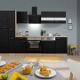 Moderne Respekta Küchenzeile KB310ESSCGKE in Schwarz-Eiche Sägerau Nachbildung mit E-Geräten.