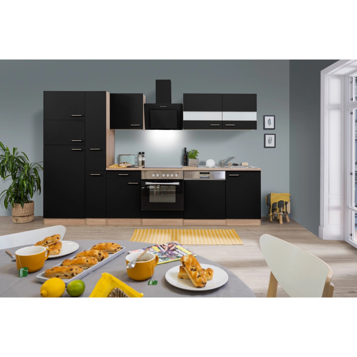 Respekta Küchenzeile/Küchenblock KB310ESSCGKE 310 cm Schwarz-Eiche Sägerau Nachbildung