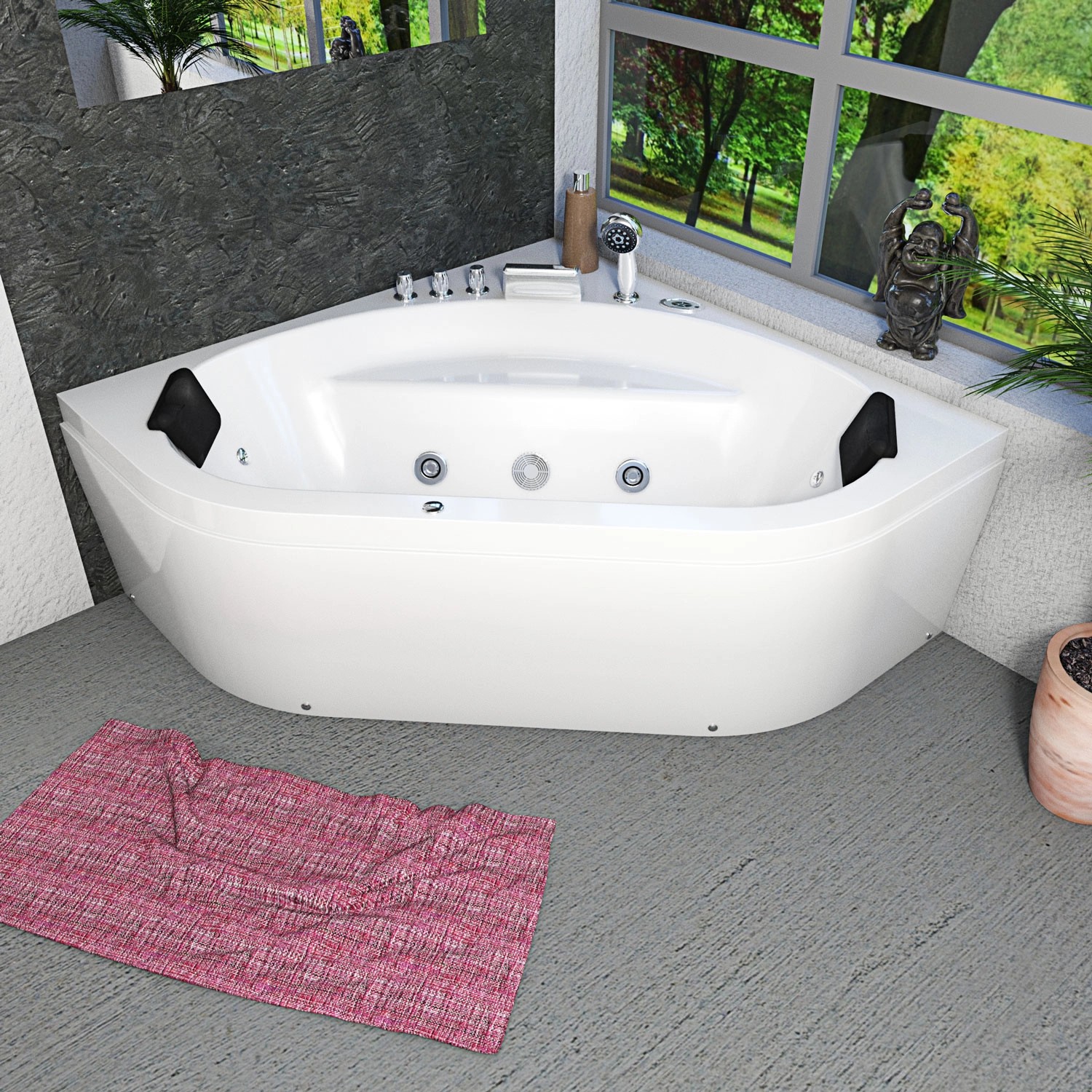 Weiße AcquaVapore Eck-Badewanne W20R-TH-SC 140x140 mit Radio und Whirlpool-Funktion.