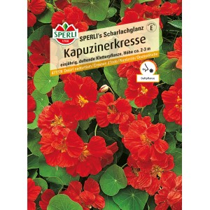 Samenpackung Sperli Kapuzinerkresse 'Scharlachglanz' mit roten Blüten und grünen Blättern.