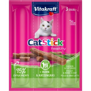 Vitakraft Cat Stick Huhn & Katzengras, 3er-Pack. Katzenleckerli mit extra viel Fleisch.