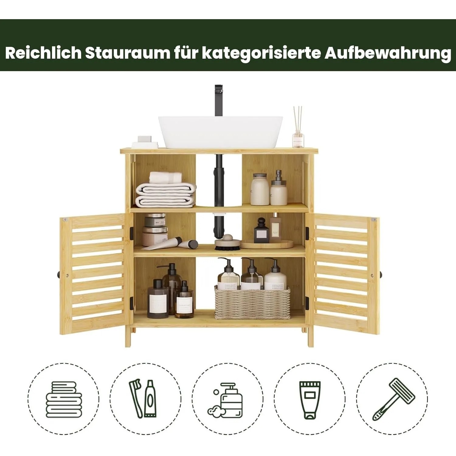 Bambus Waschbeckenunterschrank mit zwei Lamellentüren, offenem Fach und Siphonausschnitt. Viel Stauraum im Bad.