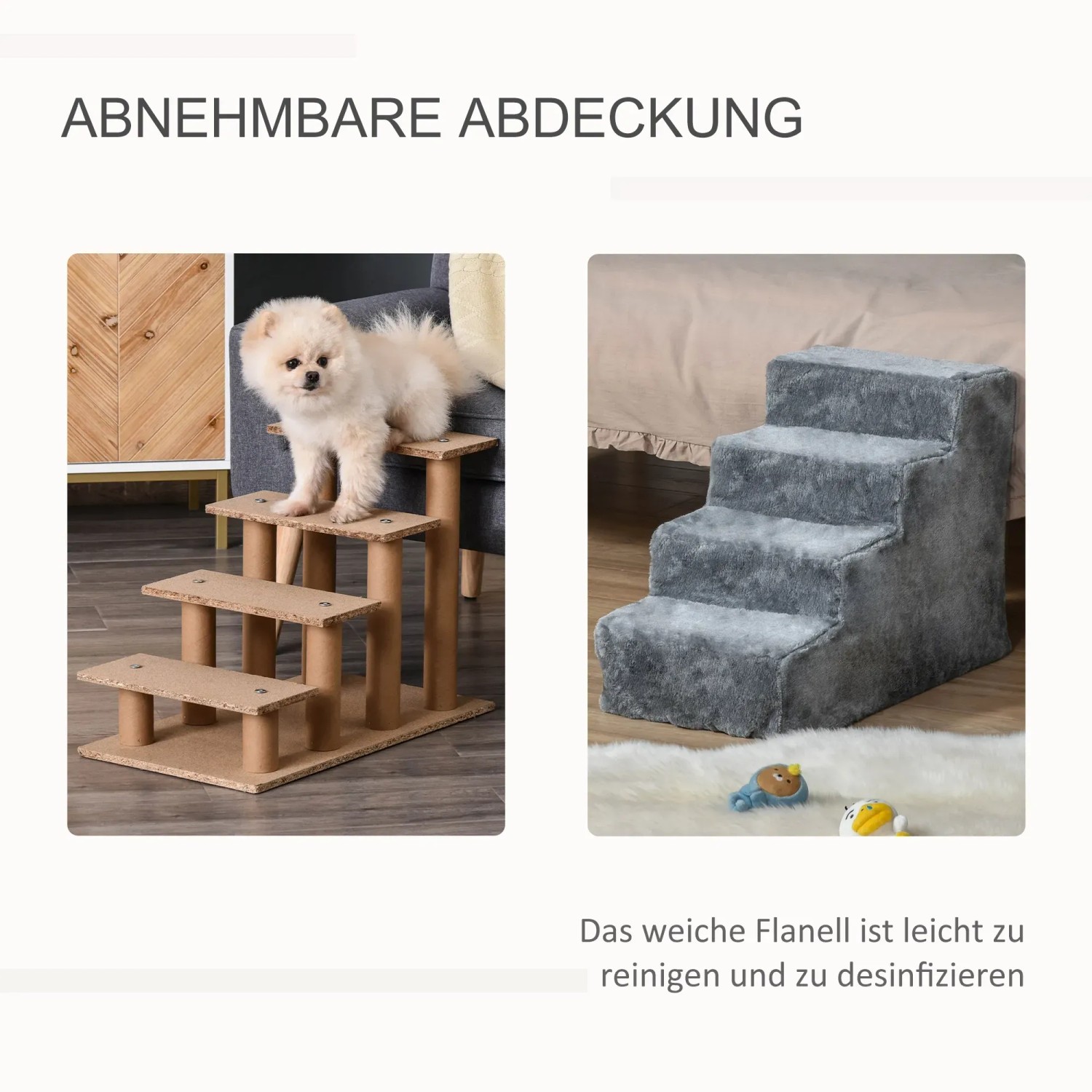 PawHut Hundetreppe mit 4 Stufen, zwei Modelle: Holz mit Hund und graue Stofftreppe.
