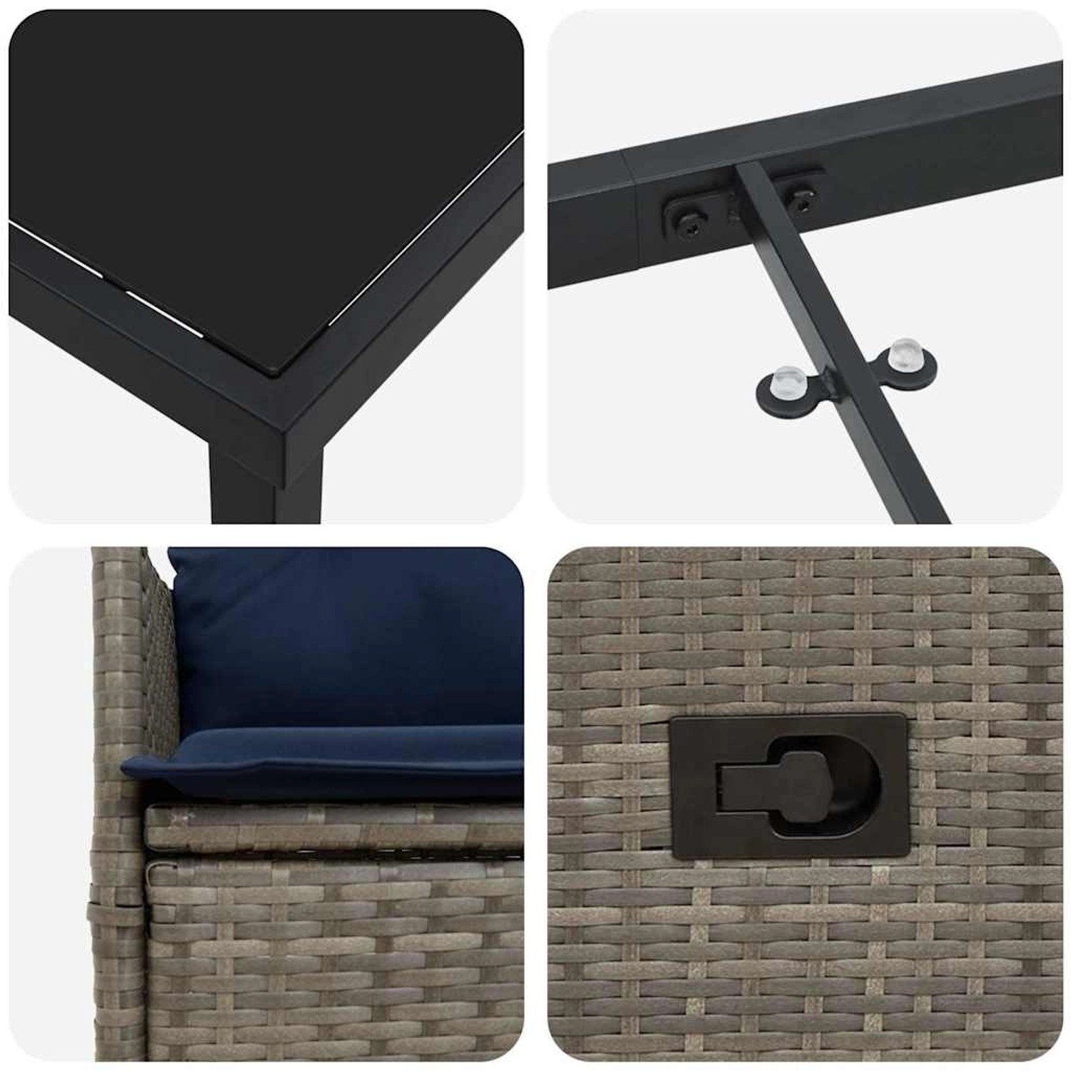 Detailansichten der grauen vidaXL Garten Essgruppe, bestehend aus Tisch und Stühlen aus Poly Rattan.