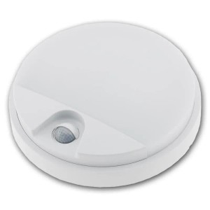 Weiße ChiliTec LED Wandleuchte PAYAR mit integriertem PIR Bewegungsmelder. Rundes Kunststoffgehäuse, IP54, 4000K. Ideal für den Außenbereich.