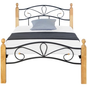 Schwarzes Metallbett 90x200 mit Holzpfosten und Lattenrost, ideal als Jugendbett.