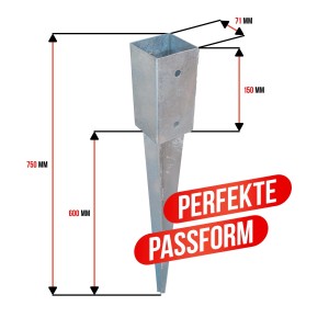 Hollmax Einschlagbodenhülse, 71 mm, pulverbeschichtet, mit Maßangaben.