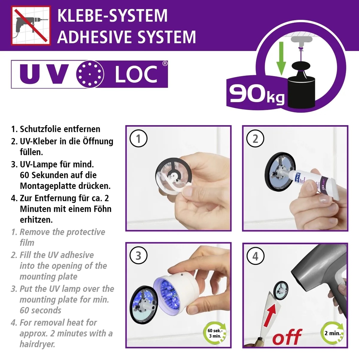 UV-Loc® Klebesystem Montageanleitung für Wenko WC-Garnitur Isera, schrittweise erklärt.