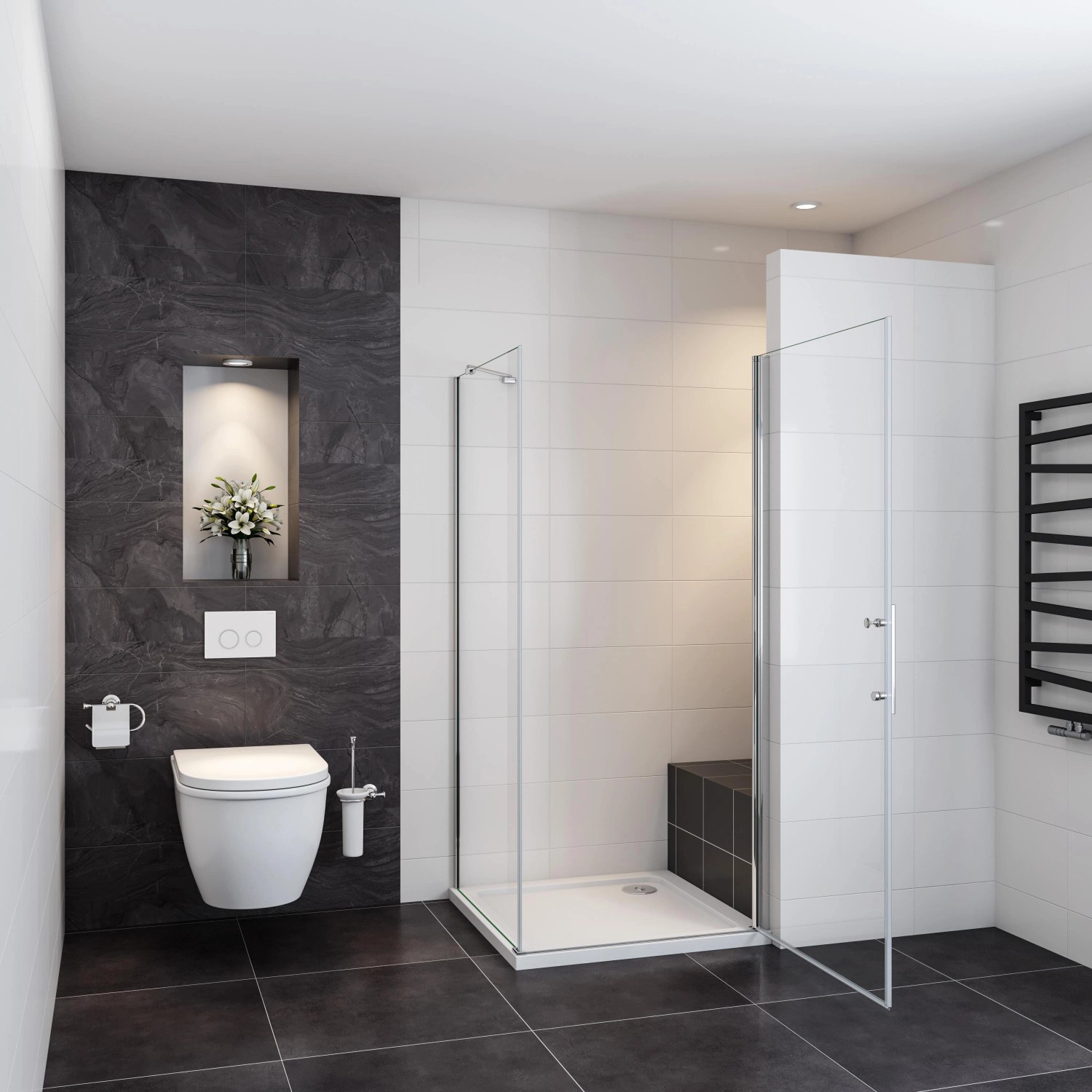 AICA Eckeinstieg Duschkabine mit Schwingtür und Seitenwand, 90x76cm, Klarglas in Badezimmer.