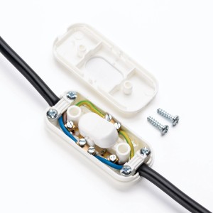 Weißer Orion Lightstyle Schnur-Zwischenschalter (3-polig) mit geöffnetem Gehäuse und Schrauben.