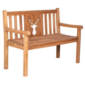 Gartenbank Hirsch aus Teakholz, 120 cm breit, mit Hirschmotiv im Rückenteil.