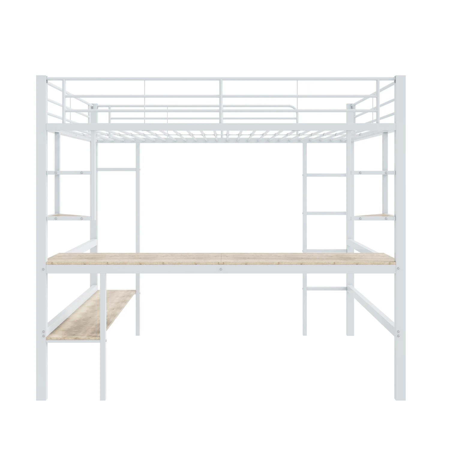 okwish Metallbett 90×200 mit Schreibtisch Vier Kleinen Regalen und einem Großen Bücherregal ohne Matratze