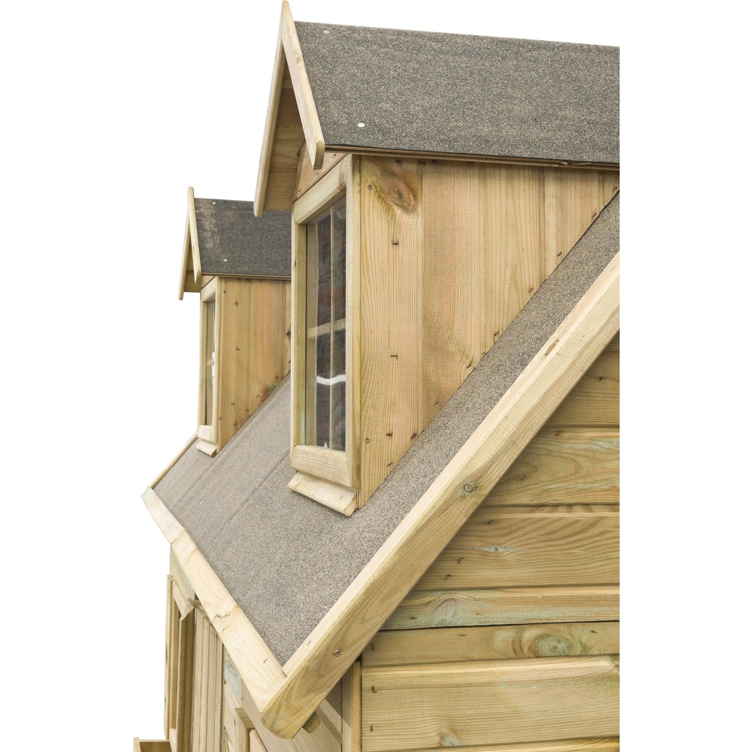 Detailansicht: SwingKing Spielhaus Milan mit Dachpappe und Fenstern.