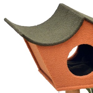 Orange-dunkelgrünes Katzenhaus mit asymmetrischem Dach aus weichem Teddyfell für Kratzbaum. Katzenmöbel.