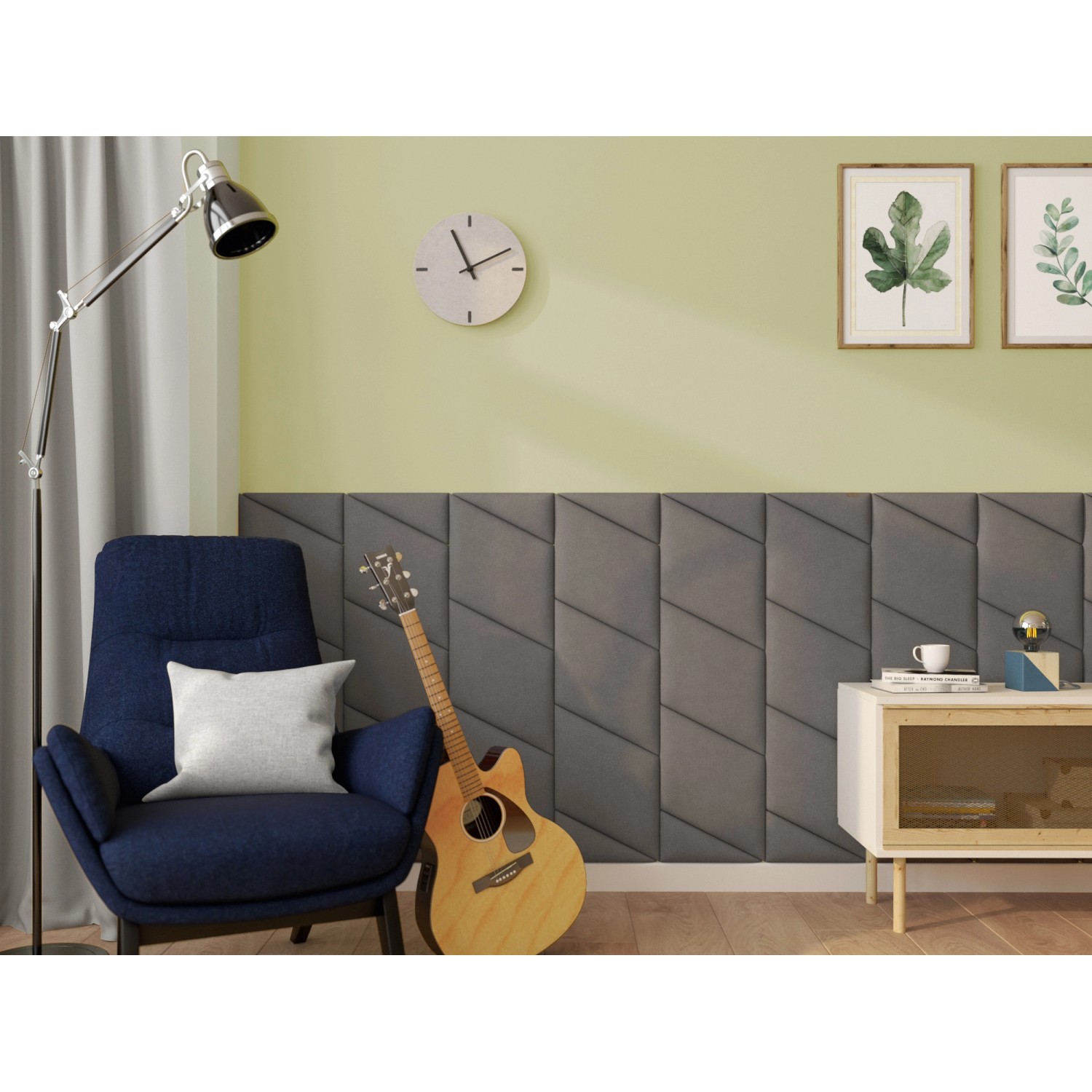 Wandkissen Bolster, 120x15cm, Dunkelgrau Struktur als Wandpaneel im Wohnraum mit Gitarre und Sessel.