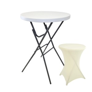 TRUTZHOLM Stehtisch, klappbar, mit weißer Tischplatte und beiger Husse. Ideal für Partys.