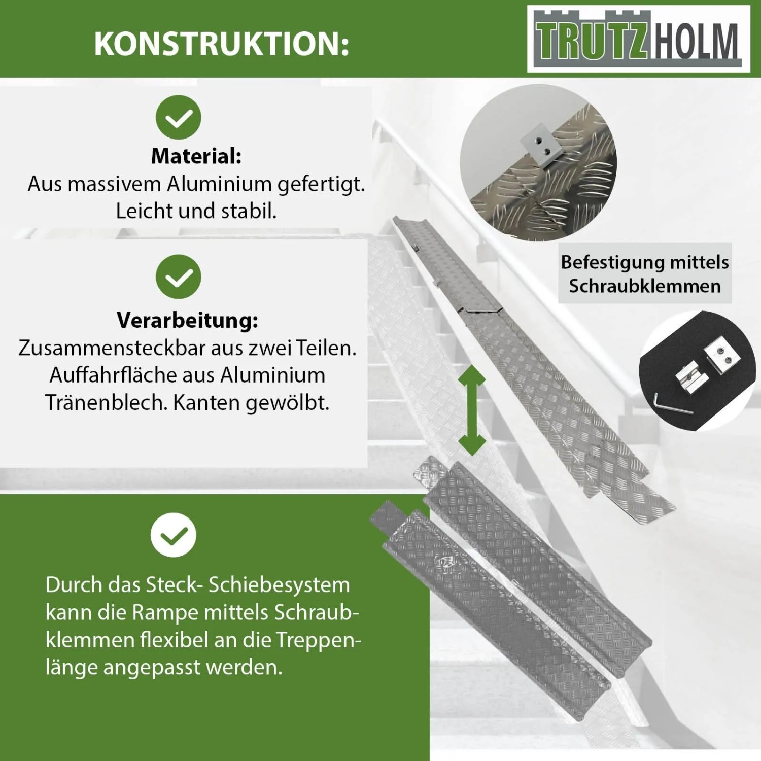 TRUTZHOLM Auffahrschiene, ausziehbar von 150-270 cm, Aluminium, mit Schraubklemmen zur flexiblen Anpassung.
