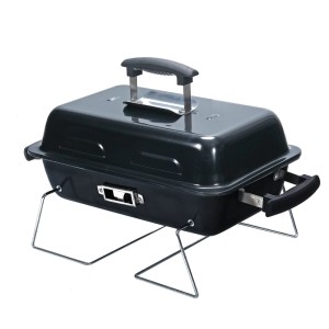 Kompakter schwarzer Relaxdays Holzkohle-Tischgrill aus Stahl mit Klappbeinen und Deckel für Camping & Balkon.