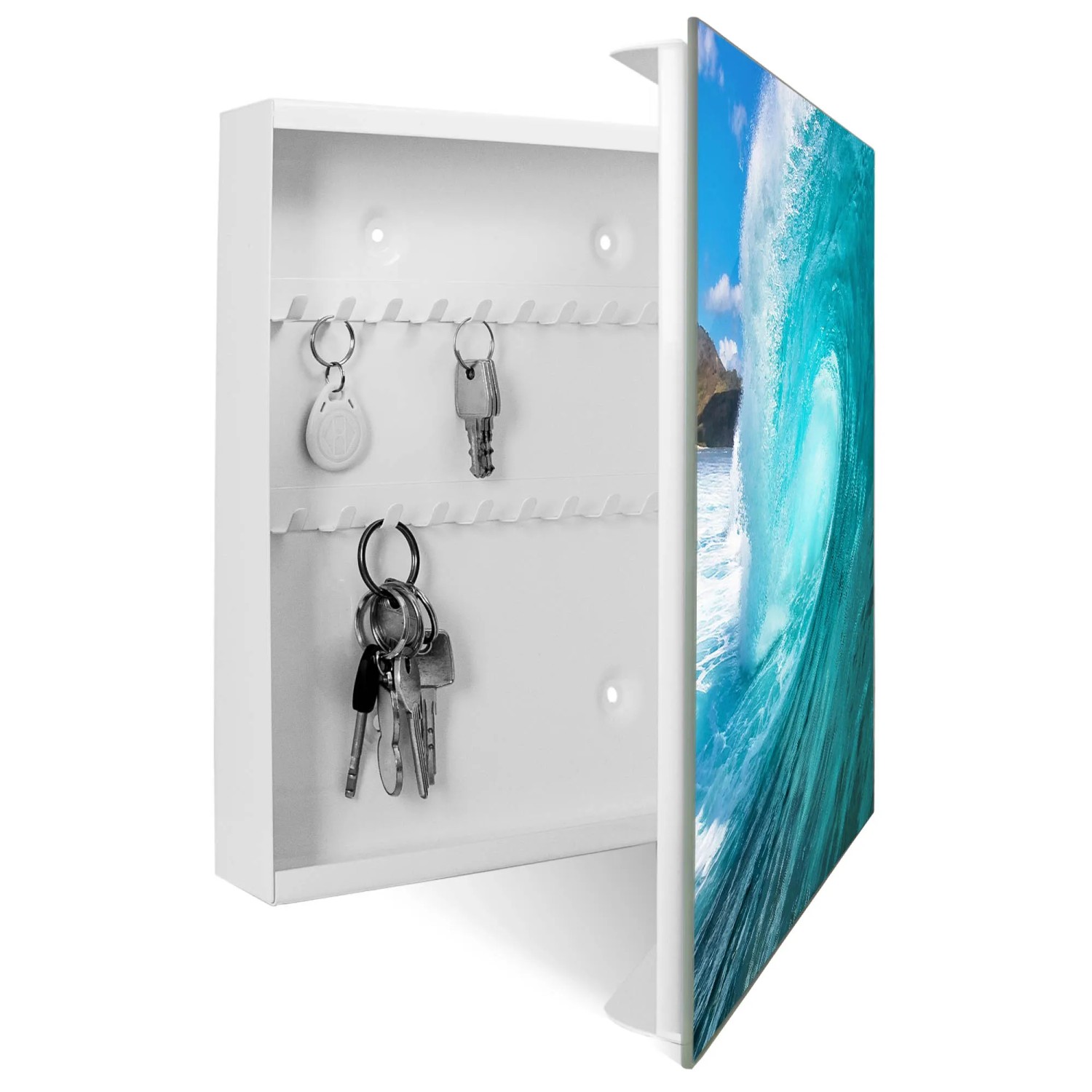 Weißer Schlüsselkasten mit Glasfront, Motiv Welle, 50 Haken, beschreibbar, magnetisch. Ideal für die Garderobe.