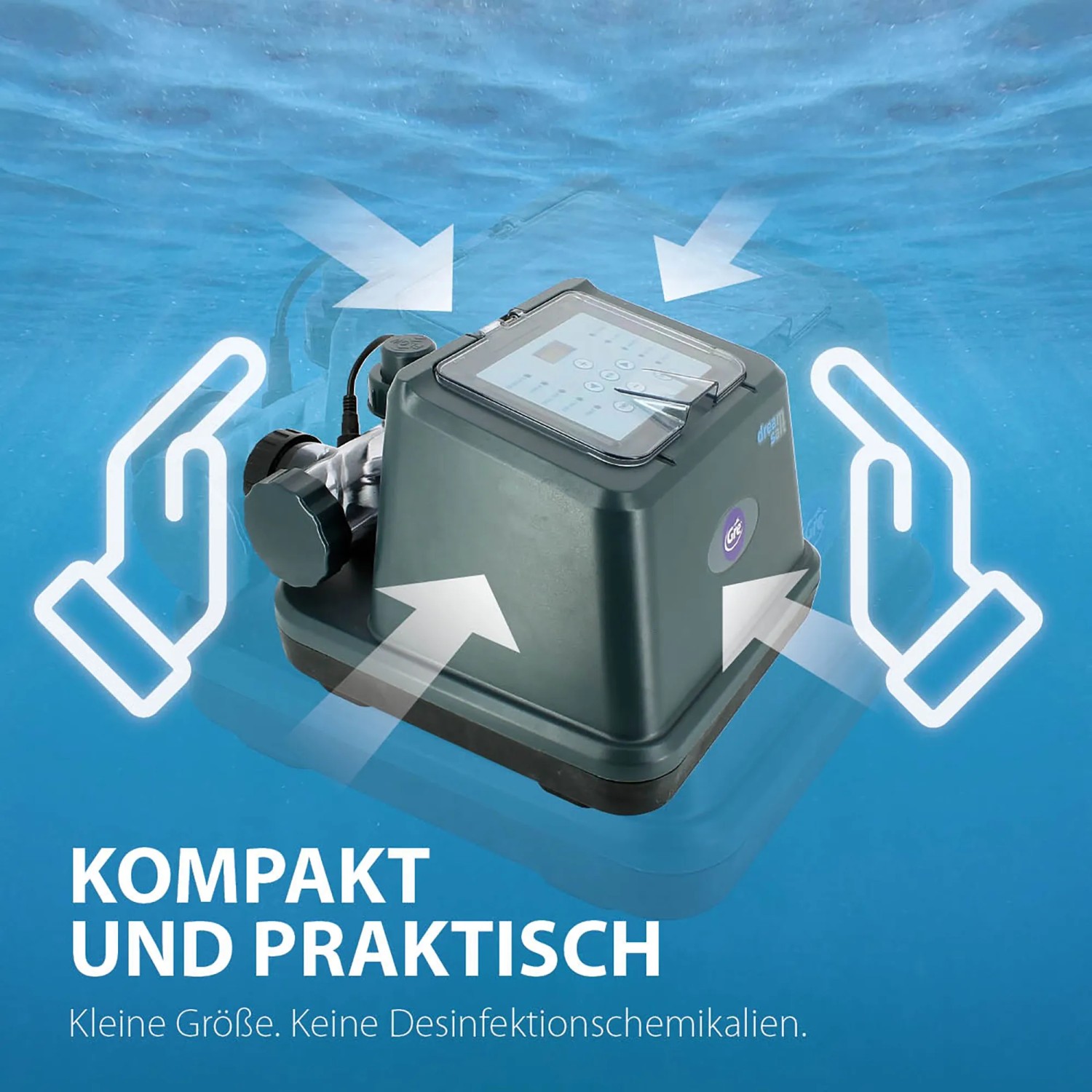Gre 3 in 1 Salzelektrolyseanlage für Pools bis 25m³, kompaktes System zur Chlorproduktion.