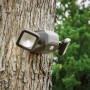 Braune Mr. Beams LED-Außenwandleuchte MB3000 mit Bewegungsmelder an Baum montiert.