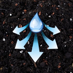 Westland Zimmerpflanzenerde: Nahaufnahme der Erde mit Wasserverteilung durch Pfeile.