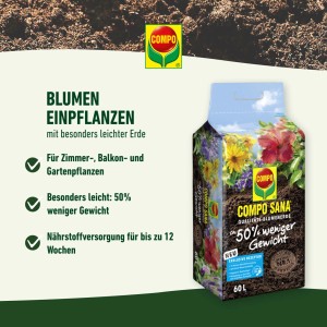Sack Compo Qualitäts-Blumenerde mit weniger Gewicht, geeignet für Zimmer-, Balkon- und Gartenpflanzen.