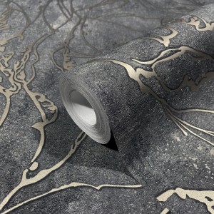 Marburg Vliestapete mit Linien Grafik in Schwarz und Silber, Rollenansicht.