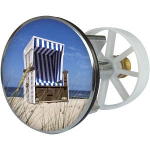 Waschbeckenstöpsel mit Strandkorb Motiv, 38mm Durchmesser, Metall.