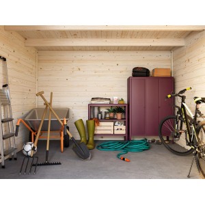 Innenansicht Palmako Gartenhaus Ella 300x300 cm mit Gartengeräten und Möbeln.
