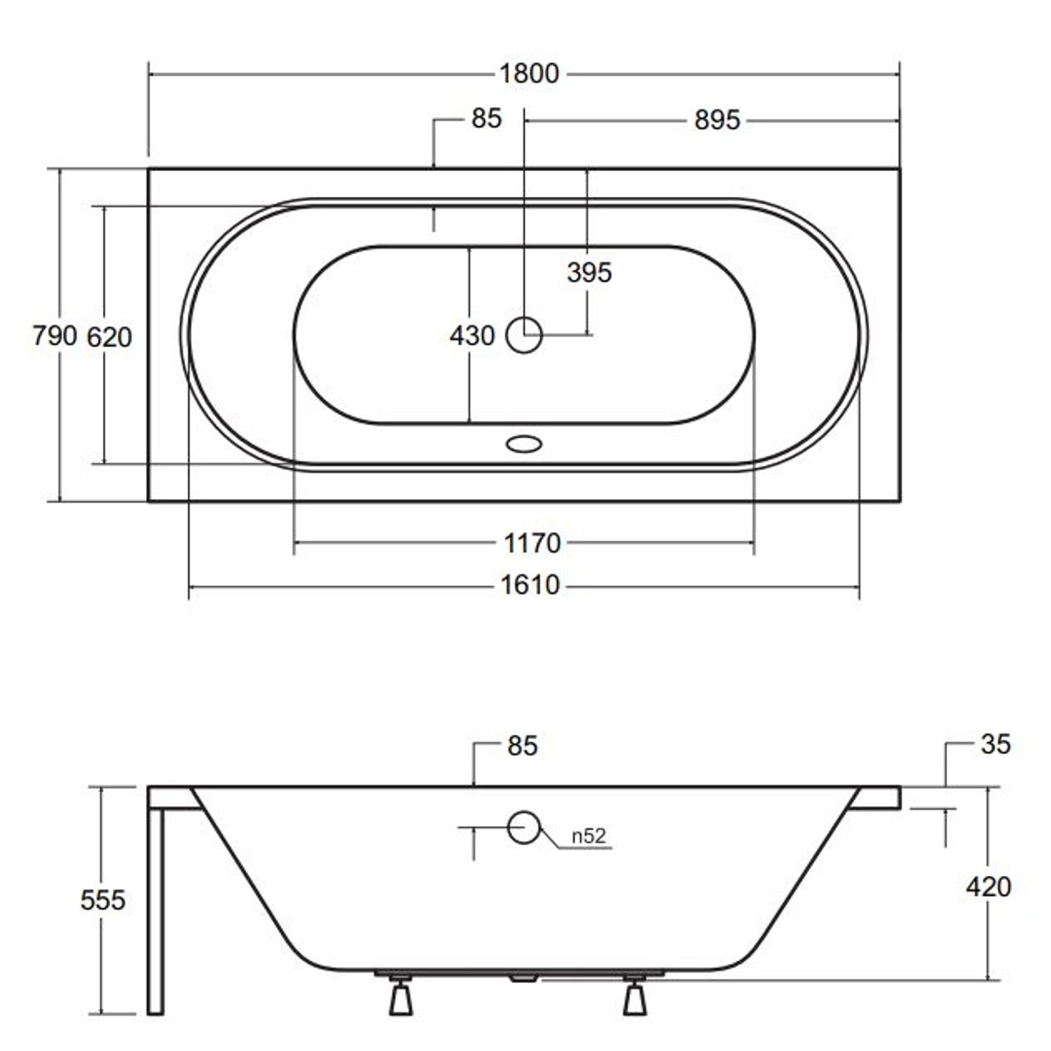 Bad Land Badewanne Rechteck VITAE 180x80 Ablauf Füße_5
