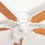 Weißer Pepeo Deckenventilator Kisa Deluxe mit Ahorn-Flügeln und Beleuchtung.