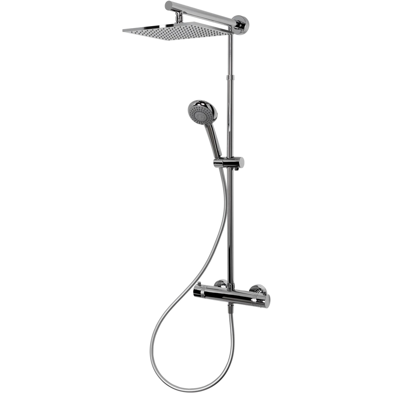Verchromtes Schulte Duschsystem Rain Classic Plus mit Thermostat und eckiger Kopfbrause.