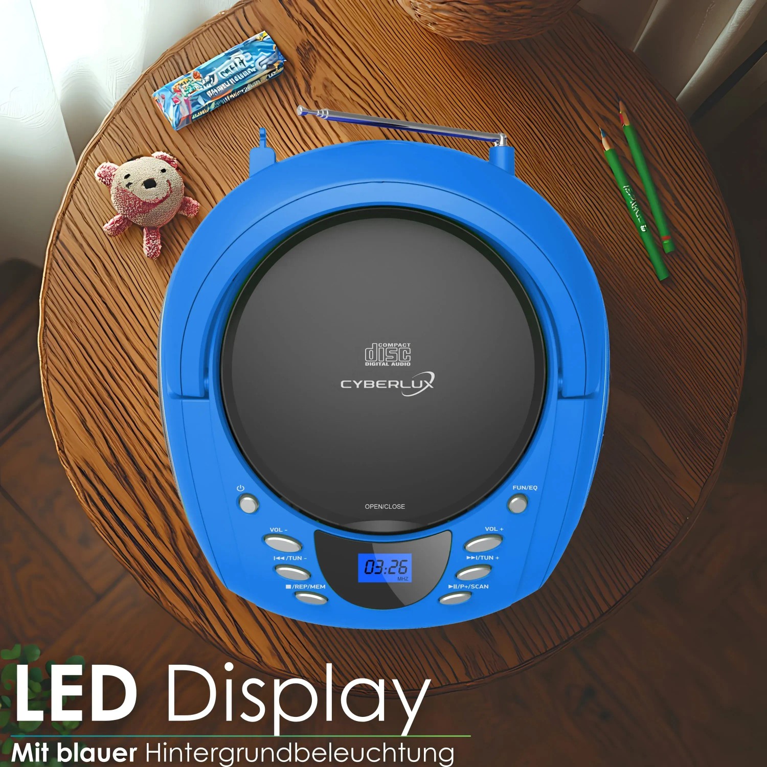Blauer Cyberlux CD-Player CL-710, tragbar mit Radio, USB und MP3 Funktion.