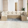 Beiges vidaXL Garten-Sofa-Set aus Poly Rattan mit weißen Kissen, 9-teilig.