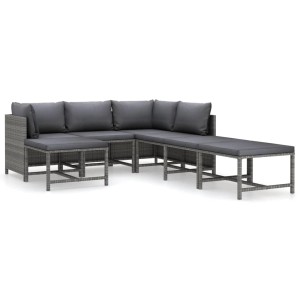 Graues 7-tlg. vidaXL Garten-Lounge-Set aus Rattan mit anthrazitfarbenen Kissen.