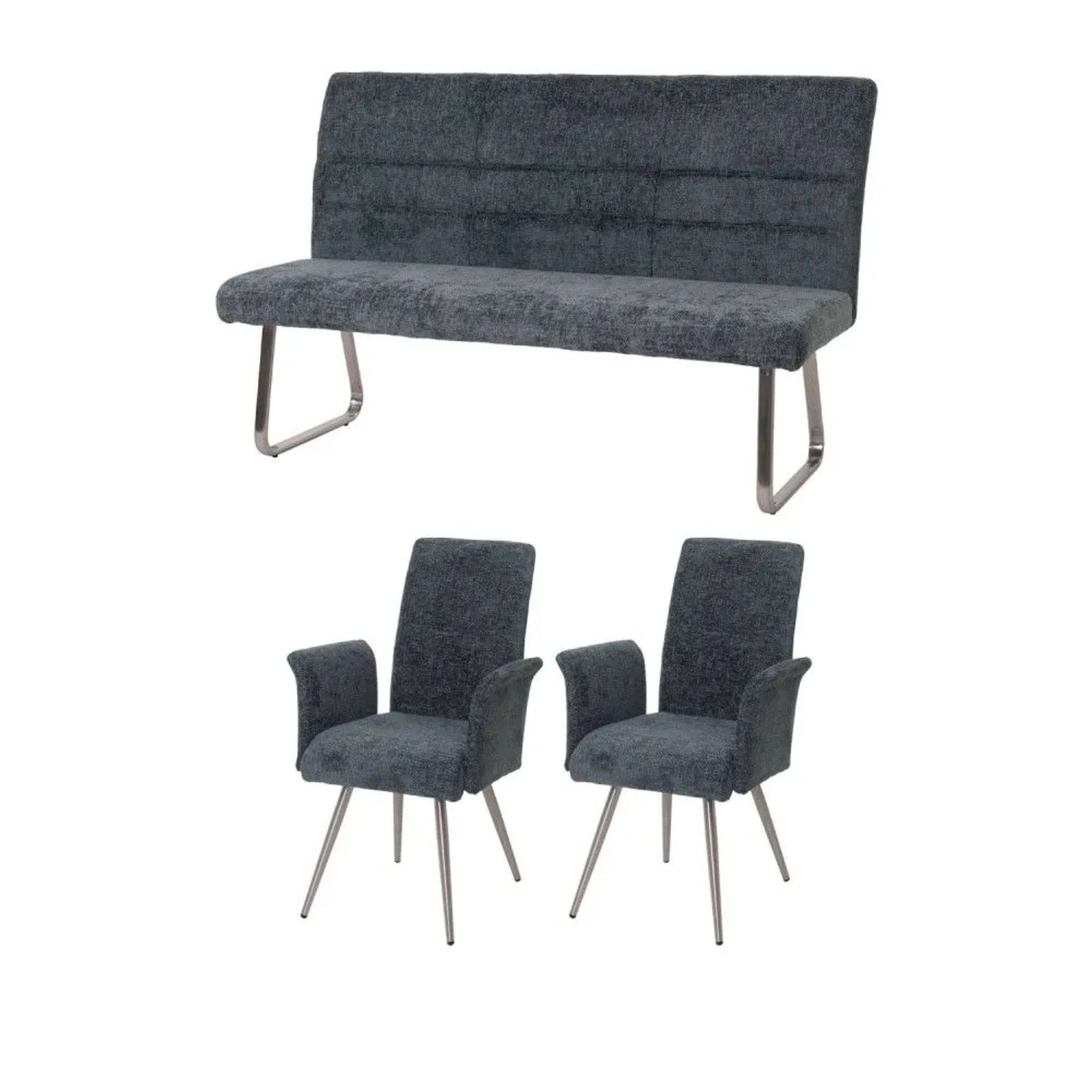 MCW Esszimmer-Set G55 2er-Set Stuhl mit Armlehne+Sitzbank 160cm 3-teilig Stoff Chenille Blau-Grün