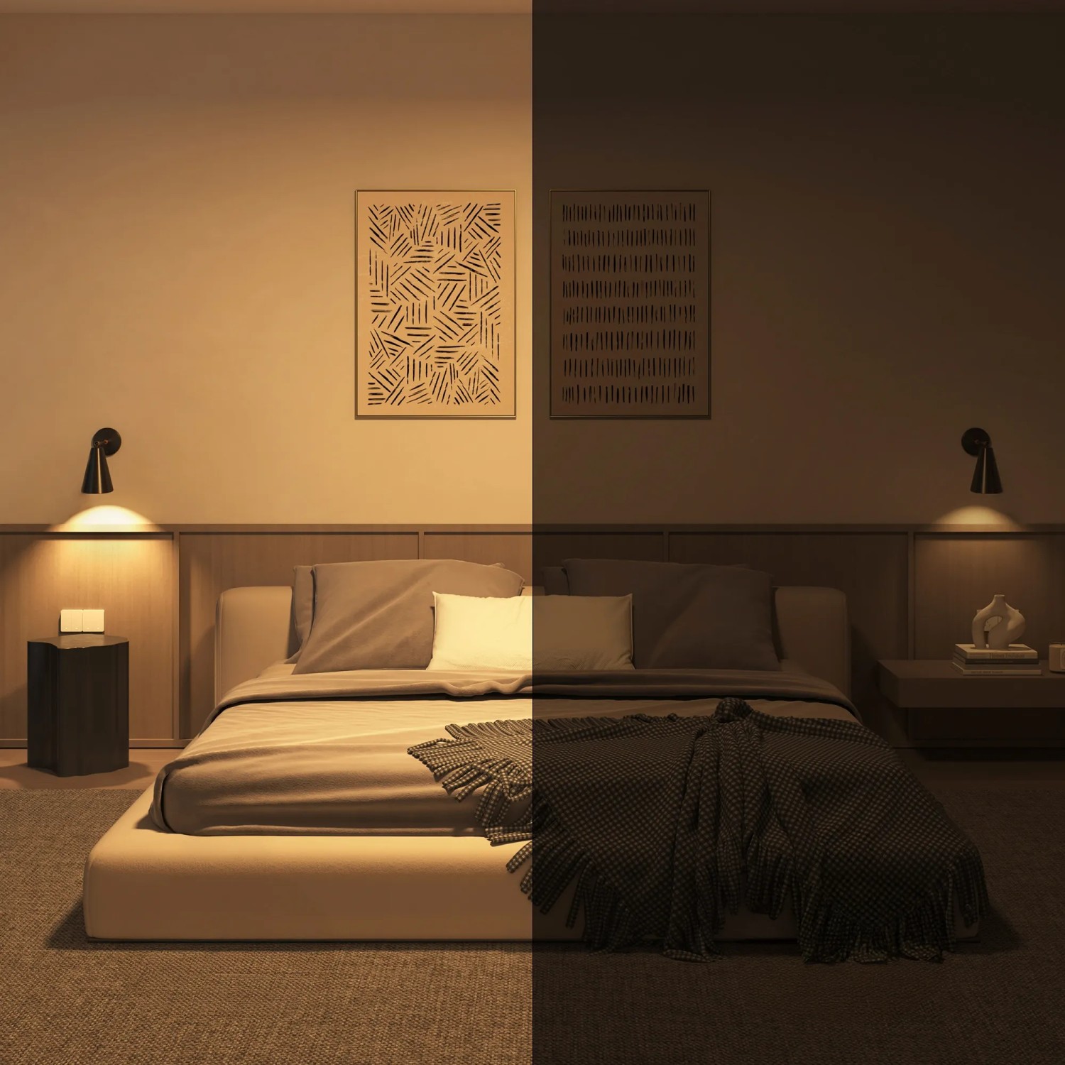 Philips Hue GU10 Leuchtmittel 2er-Set im Schlafzimmer mit warmweissem und dunklem Licht.