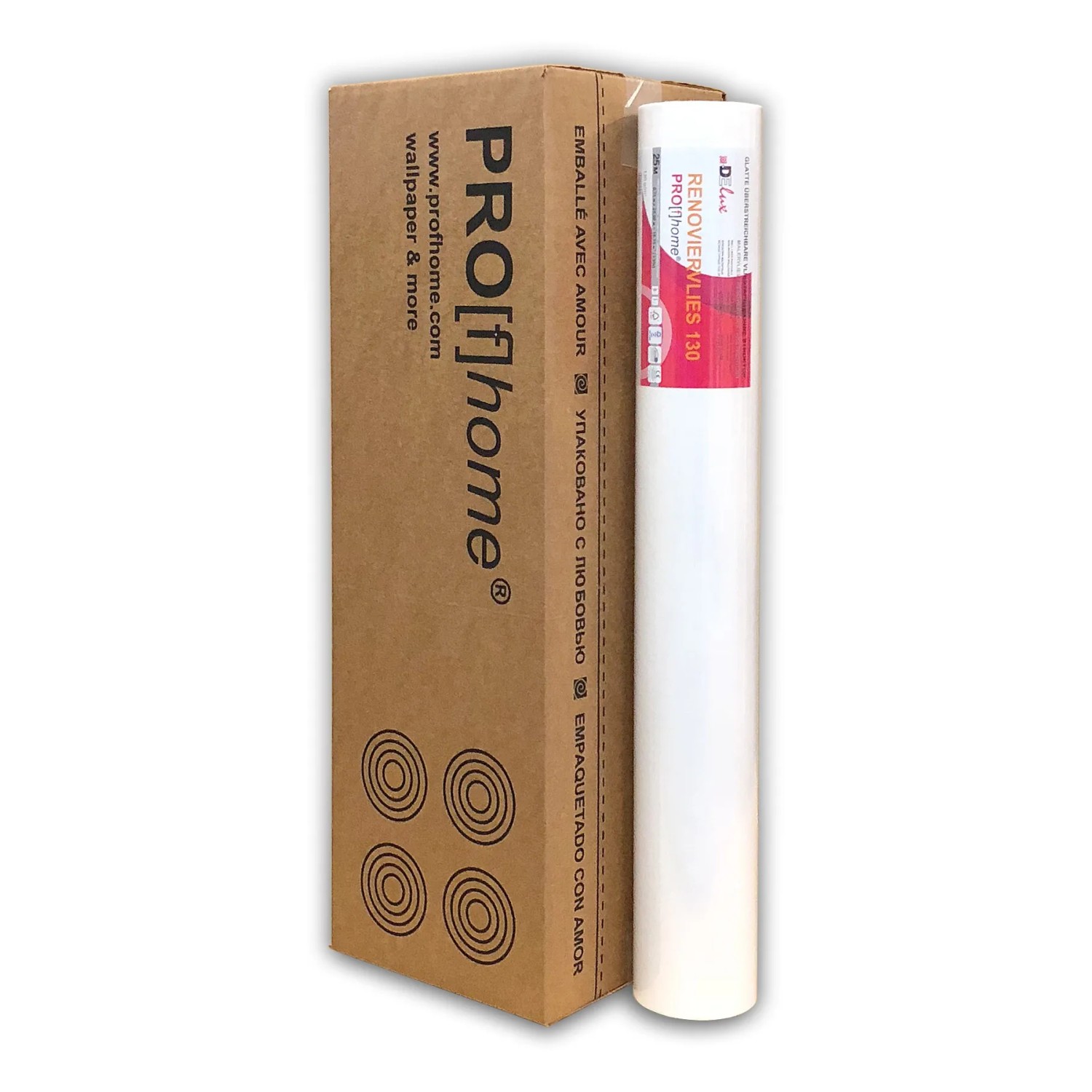 PROFHOME Renoviervlies 130g, 4 Rollen, 75m², glatte, weiße Vliestapete im Karton.